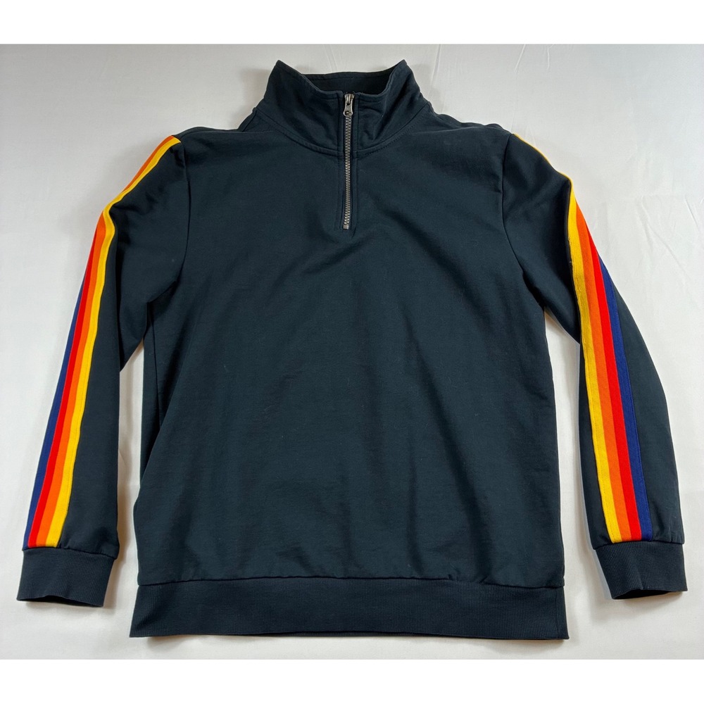 Aldi Quarter Zip Pullover Sweatshirt Medium Navy Rainbow Stripe Sleeve Gear